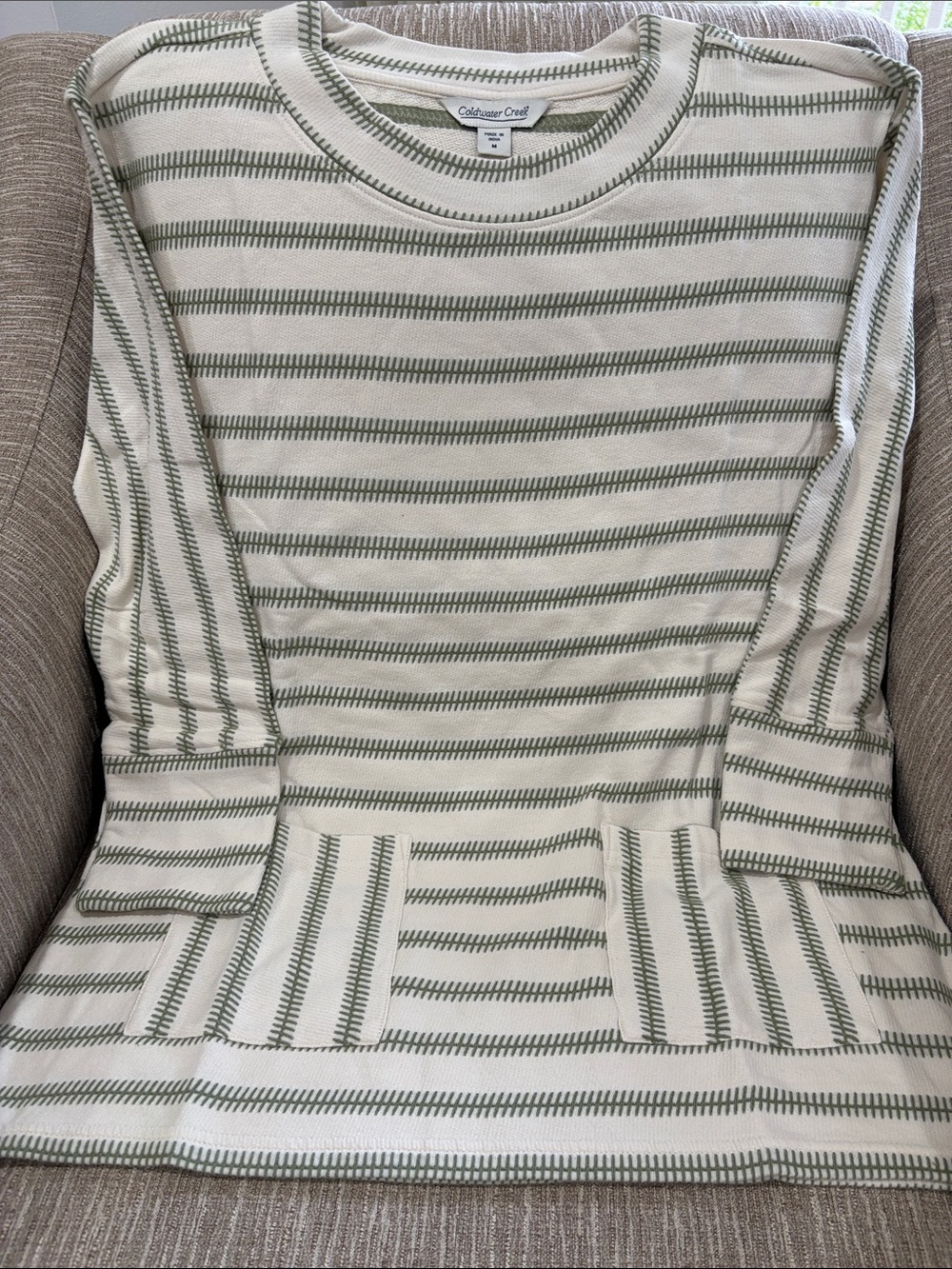Coldwater Creek Cream & Olive Striped Crewneck Sweater